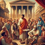 Paulus in Korinth, wie er als Zeltmacher arbeitet und gleichzeitig das Evangelium predigt.